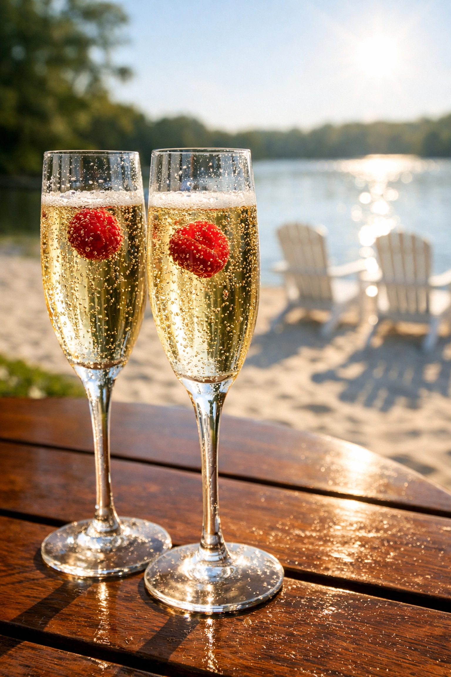 Prosecco glasses at a lakeside Mother's Day brunch in South Jersey with a scenic beach and lake background.