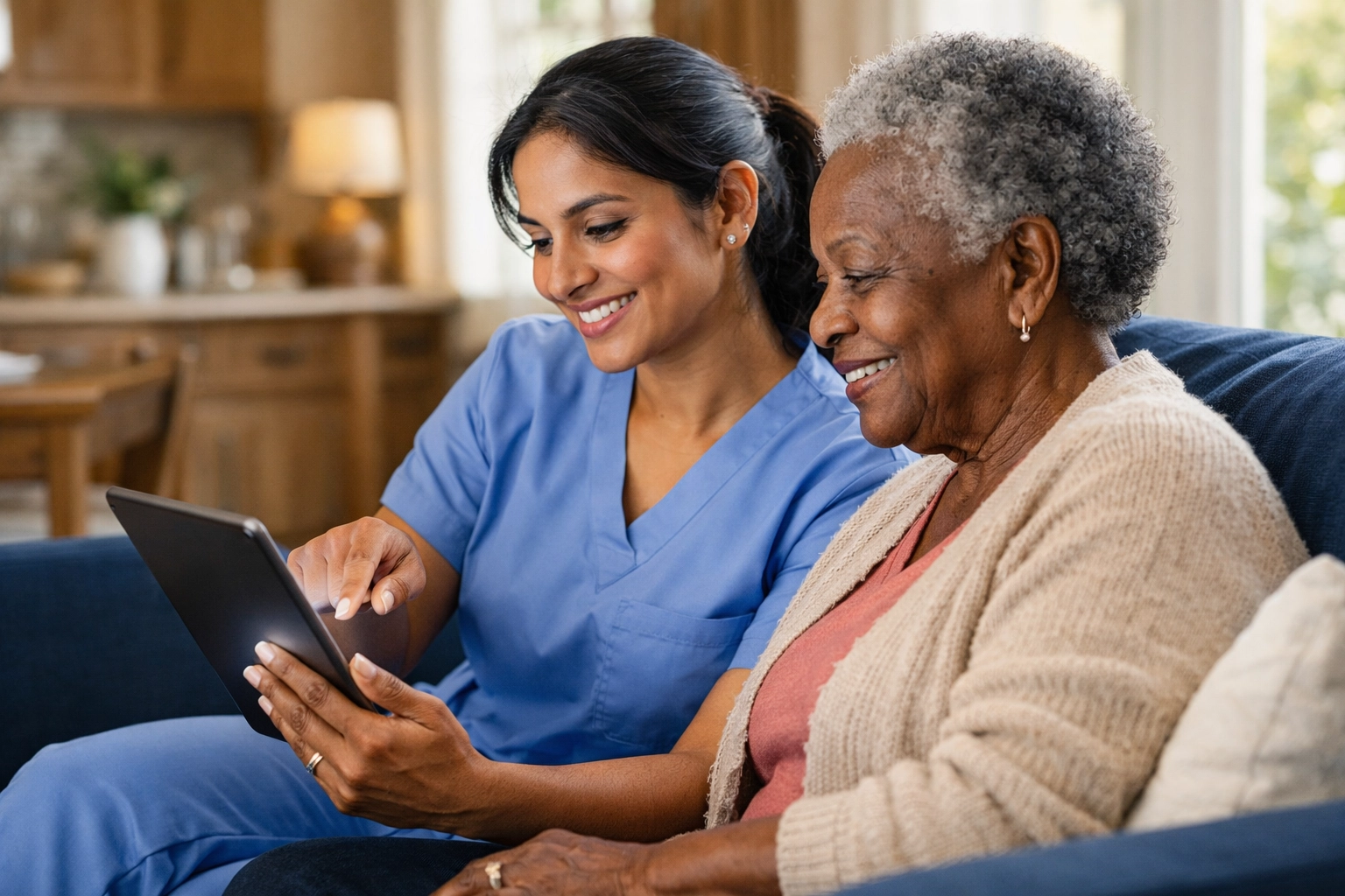A compassionate caregiver helping a senior woman use a tablet to stay connected with family and technology.