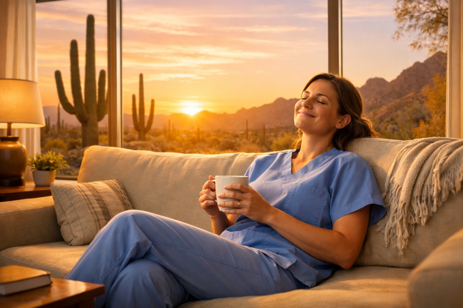 Relaxed Buckeye healthcare professional resting at home, symbolizing peace of mind with Rewarding Heroes.