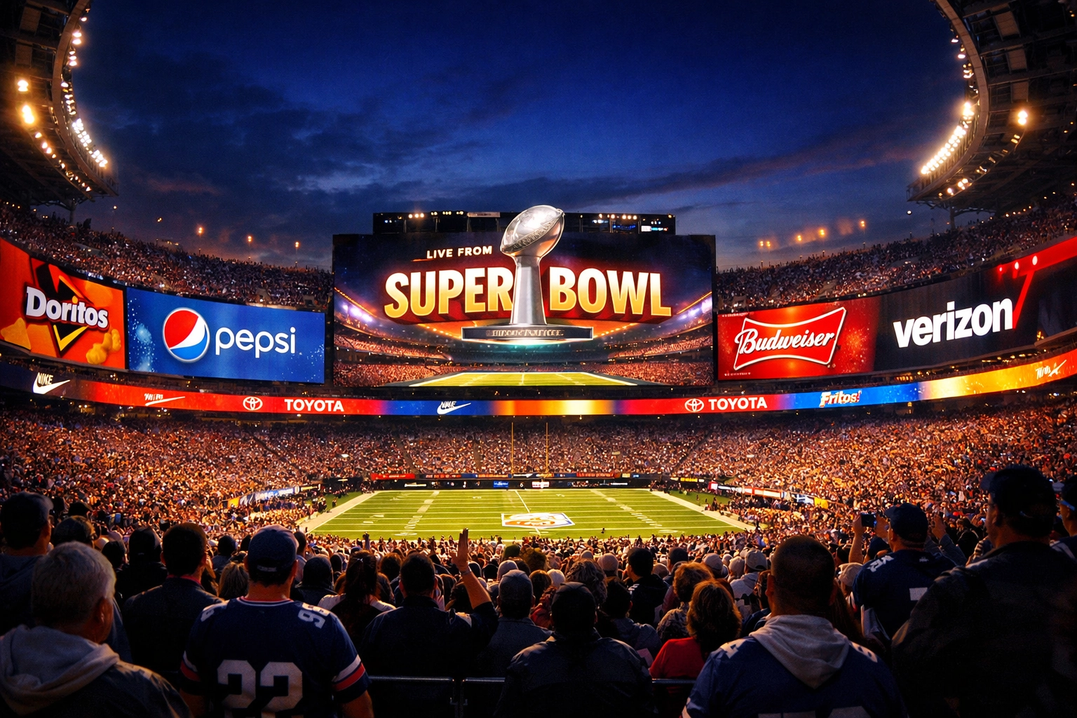Super Bowl stadium filled with fans viewing massive jumbotron displays and LED ribbon boards