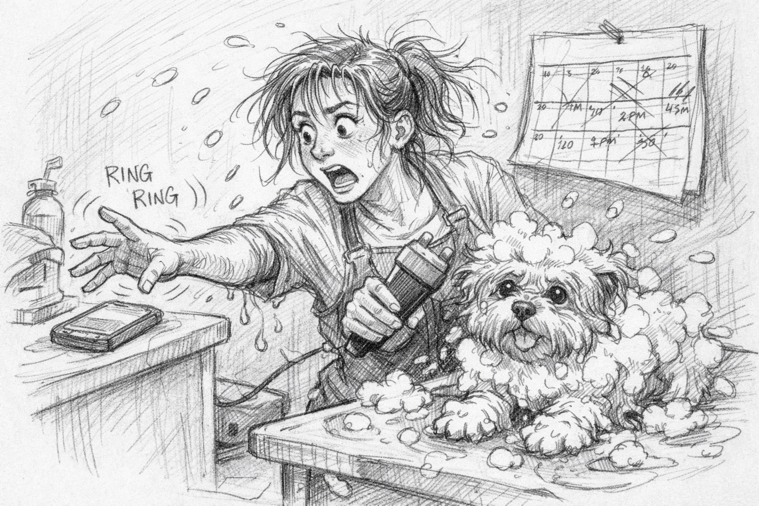 Pet groomer juggling phone calls and clippers during appointment - manual booking chaos
