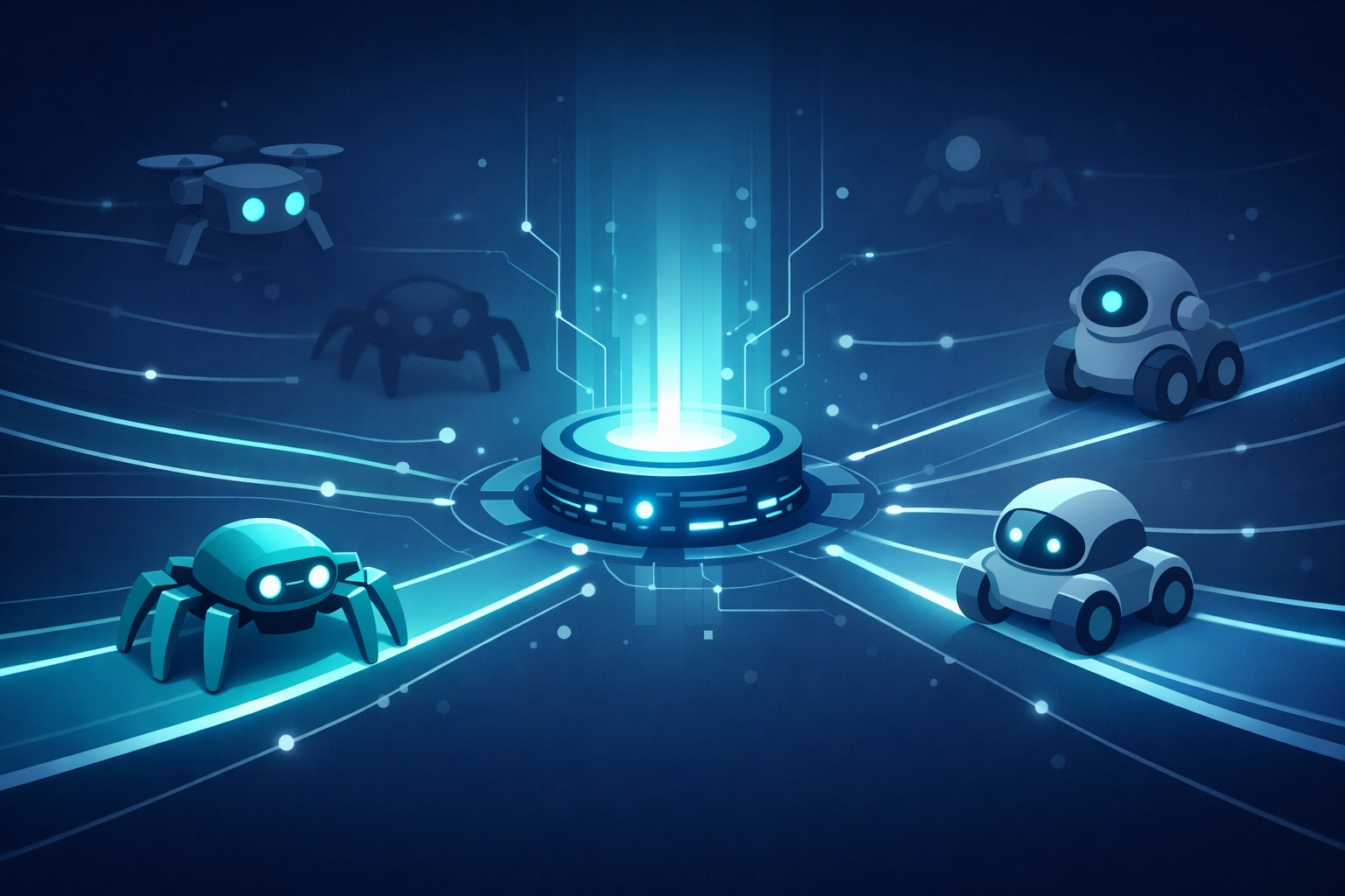 Visual representation of AI crawler monitoring showing digital bots visiting a website's central data hub.
