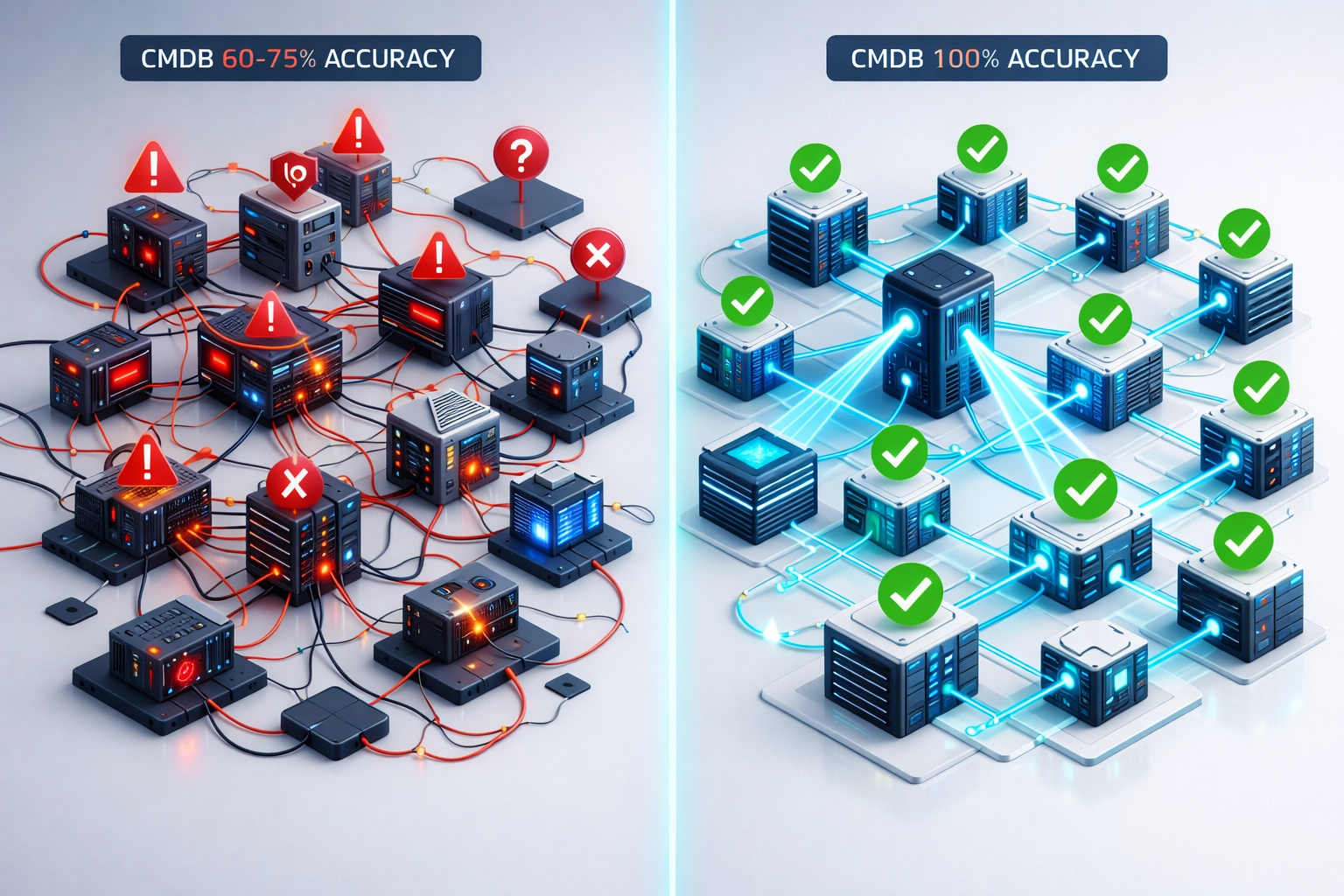 ServiceNow CMDB data quality comparison showing poor vs optimized ITOM configuration accuracy
