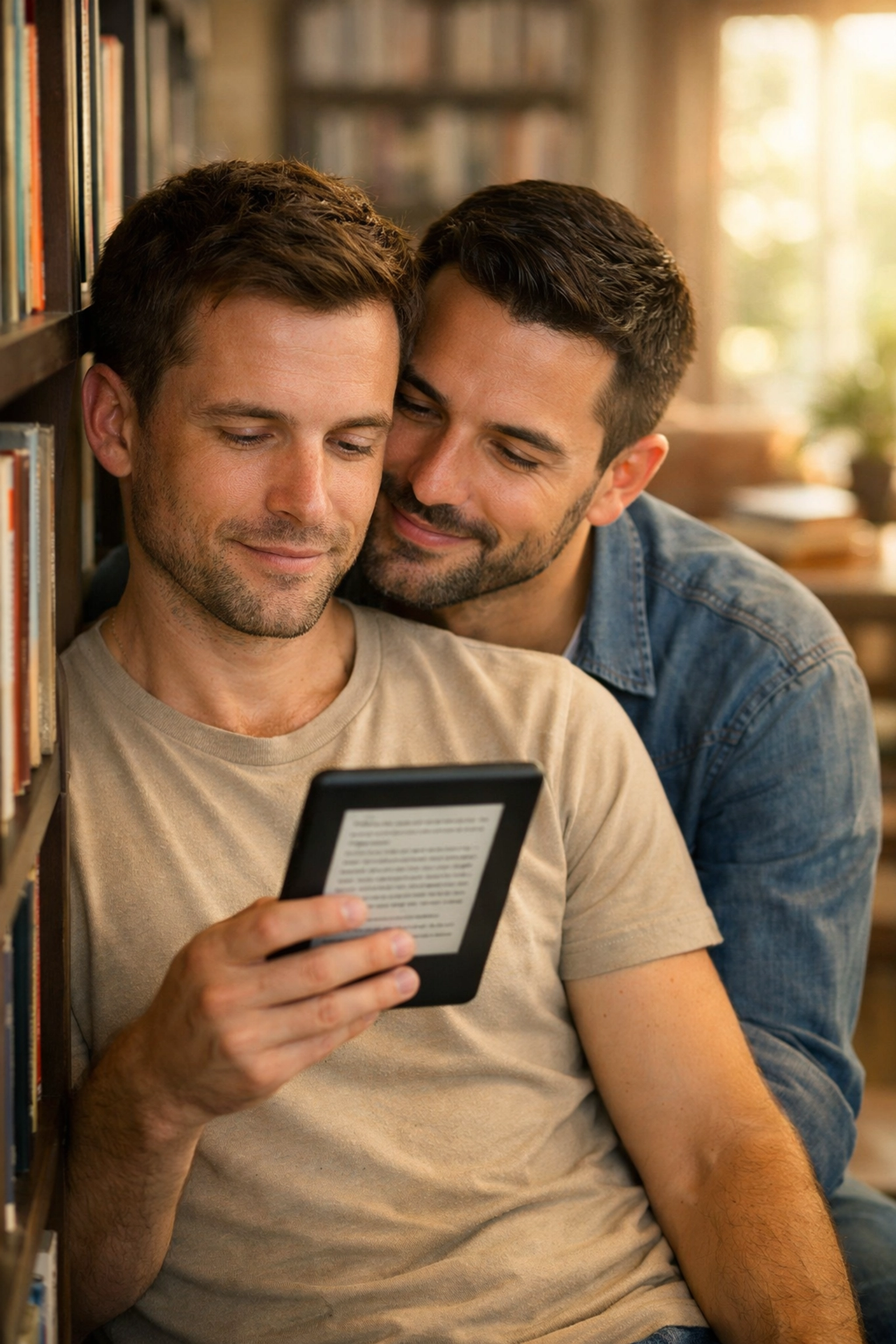 Gay couple reading an MM romance book together, emphasizing the power of queer fiction.