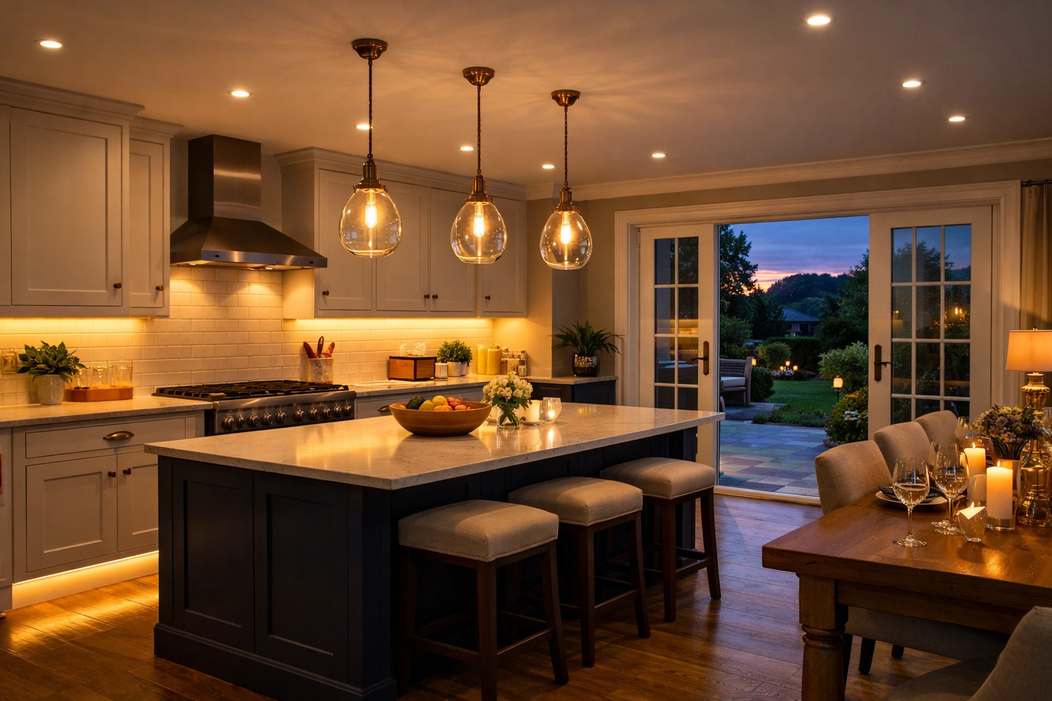 Layered LED kitchen lighting with under-cabinet strip lights and pendants in a Dorset home.