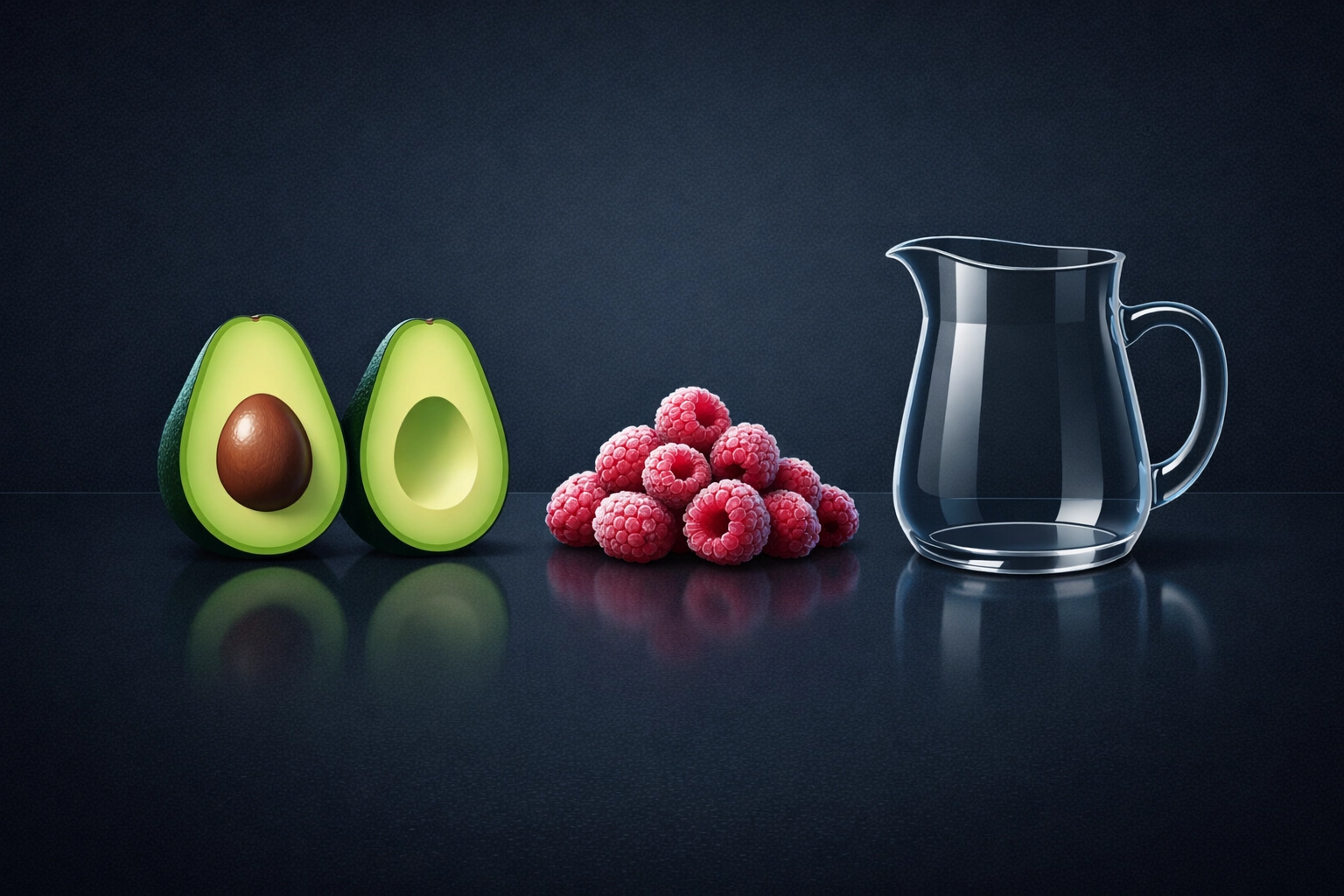 Minimalist layout of avocado and raspberries showing clean, organized ingredients for a daily smoothie routine.