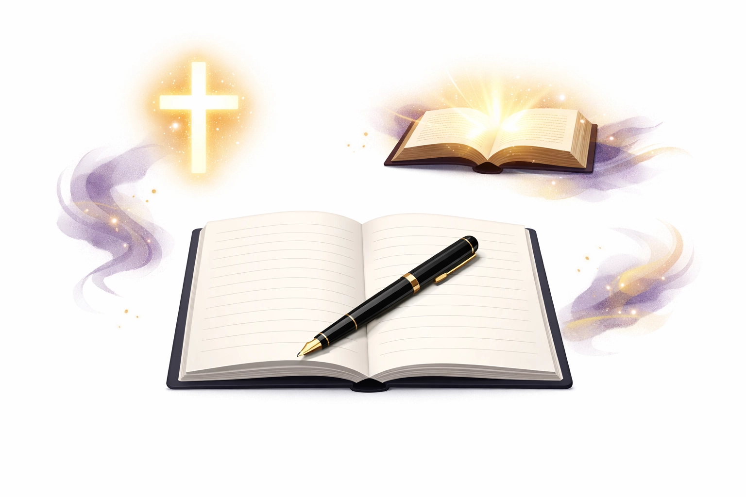 Open Bible and notebook with pen representing Christian storytelling and faith-based writing