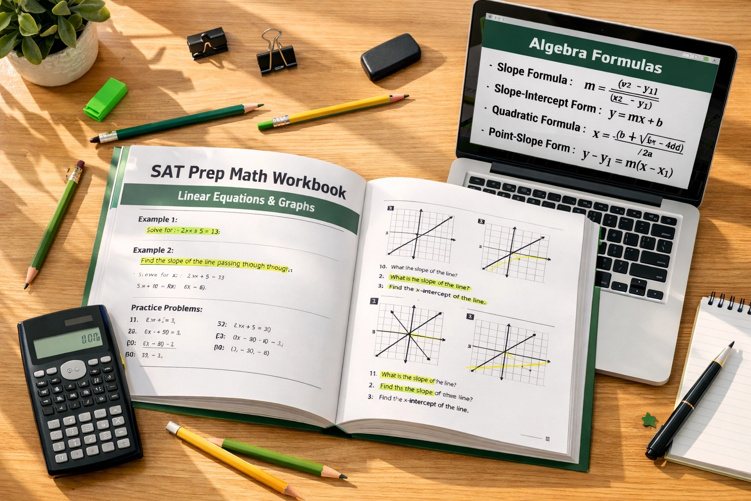 Student desk with SAT math workbook, calculator, and laptop showing linear equations for test prep