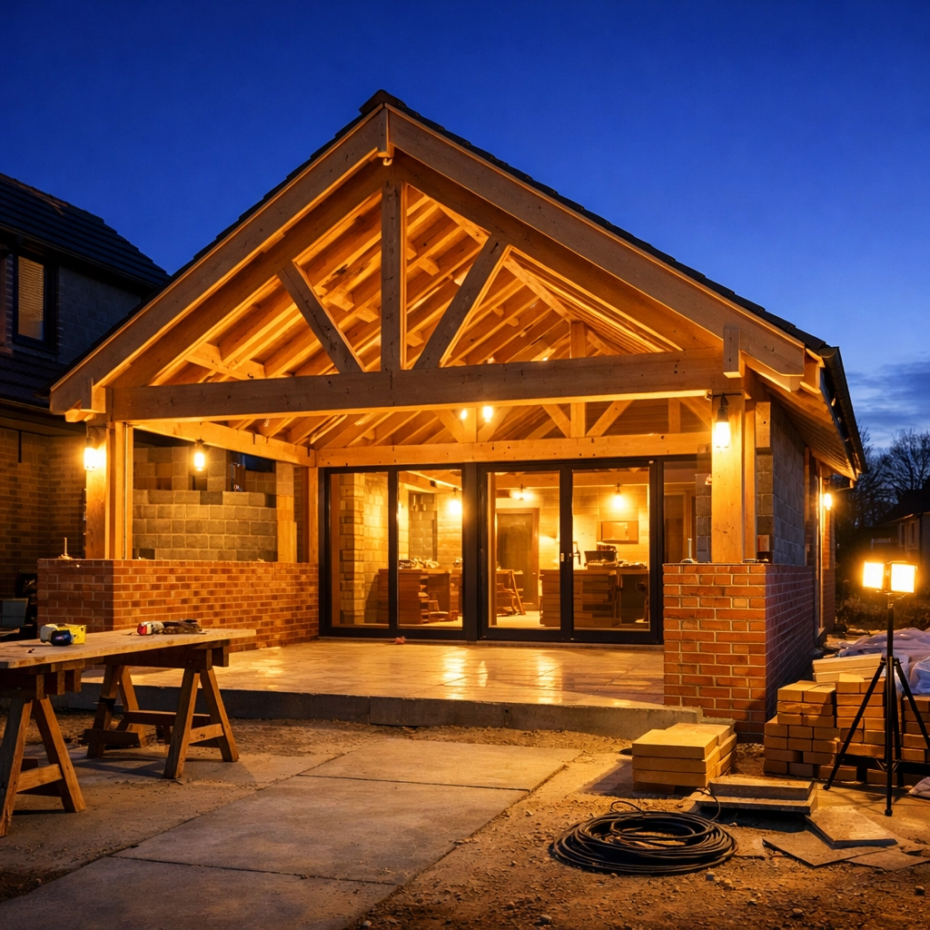 A modern house extension under construction in Bognor Regis showing progress on brickwork and framing.