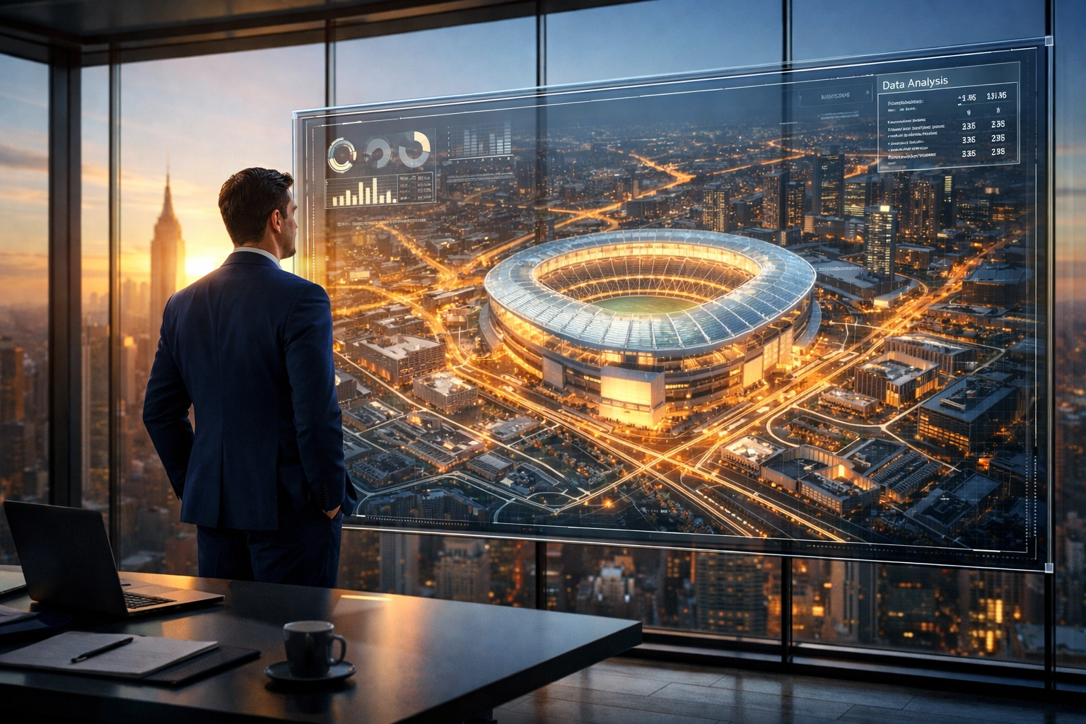 Corporate executive strategically planning Super Bowl travel logistics using a high-tech stadium map.