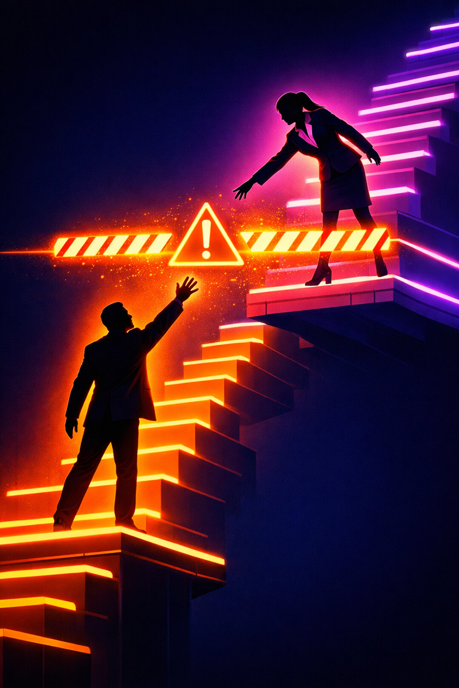 Office hierarchy power imbalance illustrated with figures at different workplace levels