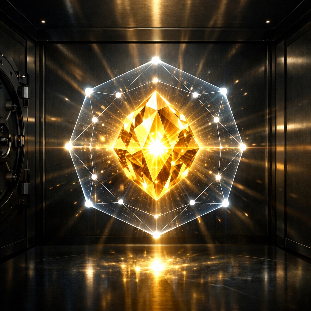A glowing core protected by a shield in a vault representing intellectual property protection.