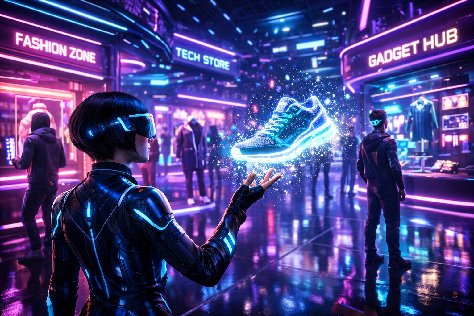 Avatars shopping in futuristic VR metaverse mall with holographic product displays and crypto payments