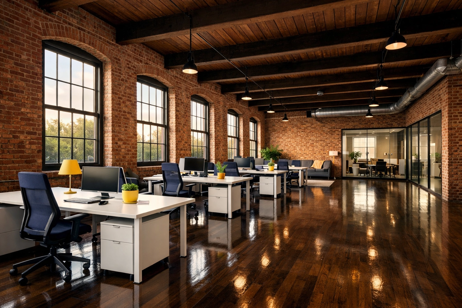 Polished commercial cleaning in a historic Hudson office mill with shining hardwood floors and brick walls.