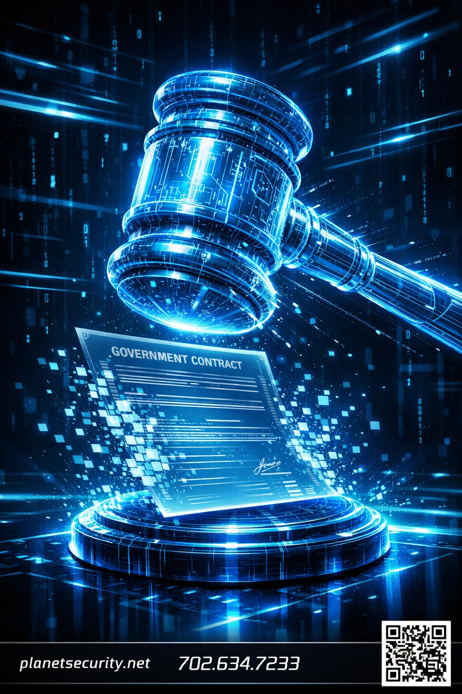 Digital gavel striking a contract, representing legal risks and lost DoD business from poor CMMC Level 1 self-assessments.