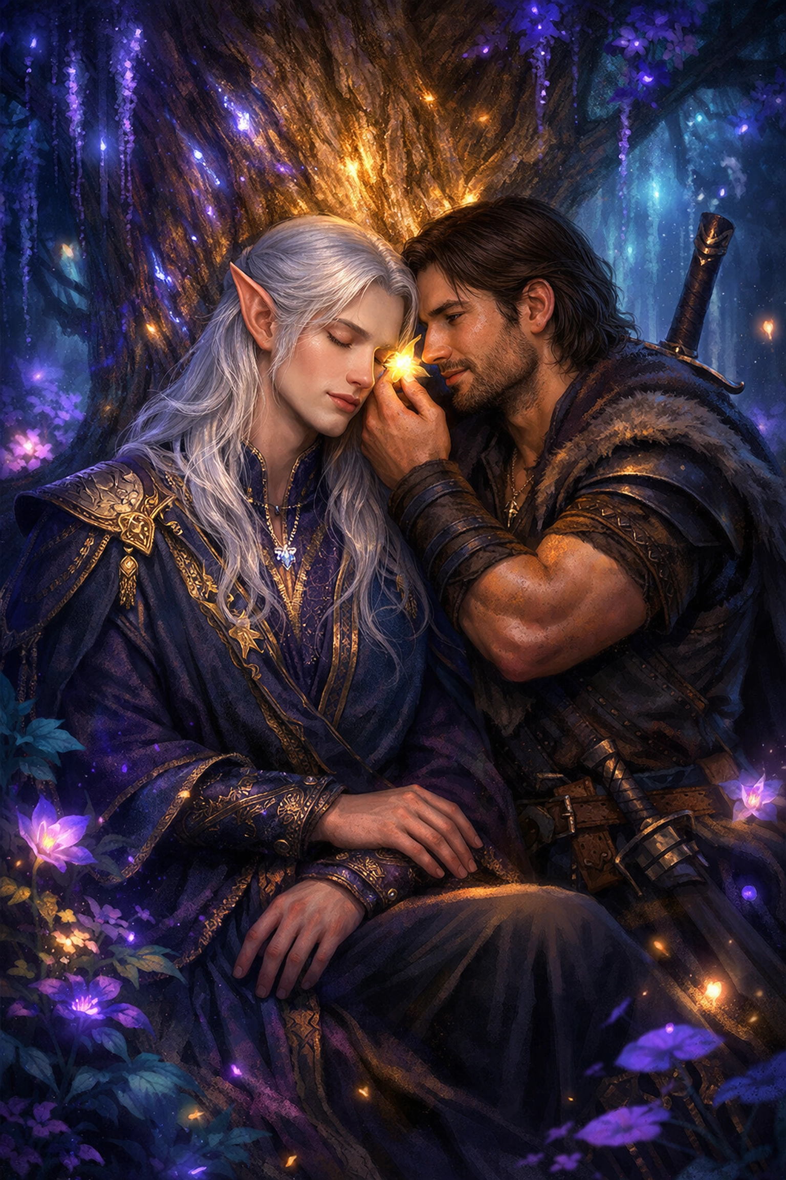 A human warrior and elf in a romantic fantasy setting, illustrating popular themes in gay fantasy romance.