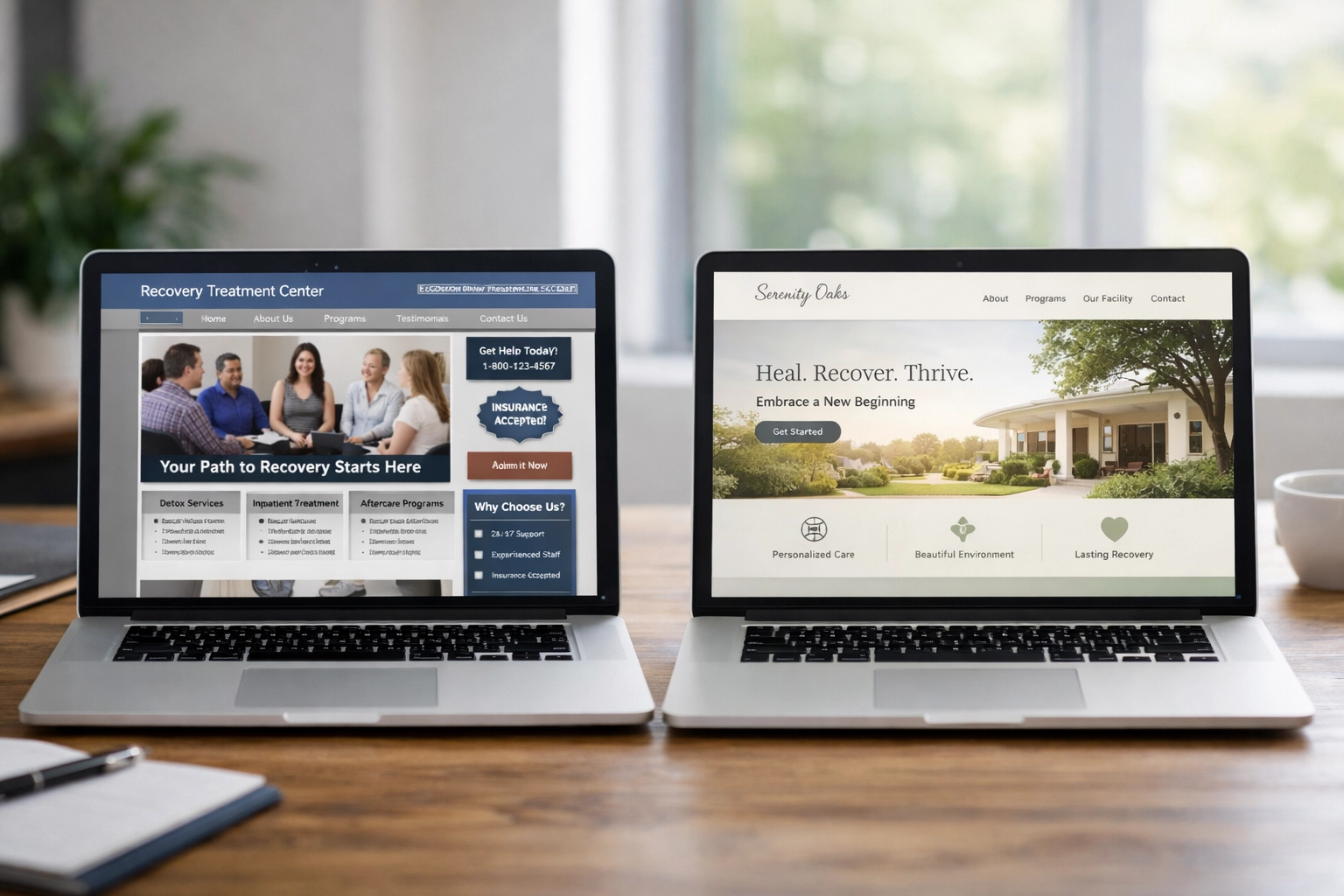 Comparison of outdated versus modern treatment center website design showing trust impact