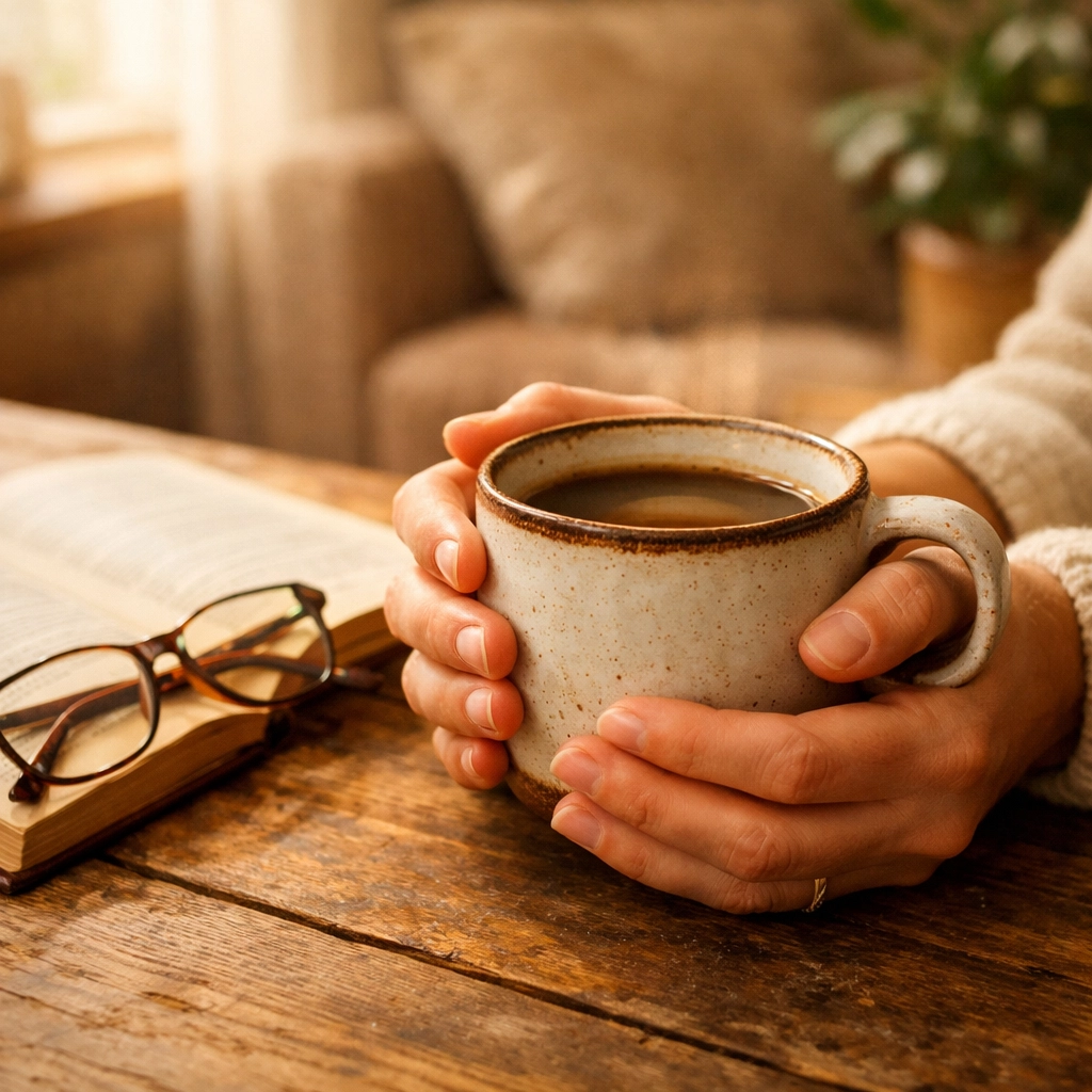 Hands holding coffee cup during peaceful morning routine promoting heart-healthy lifestyle