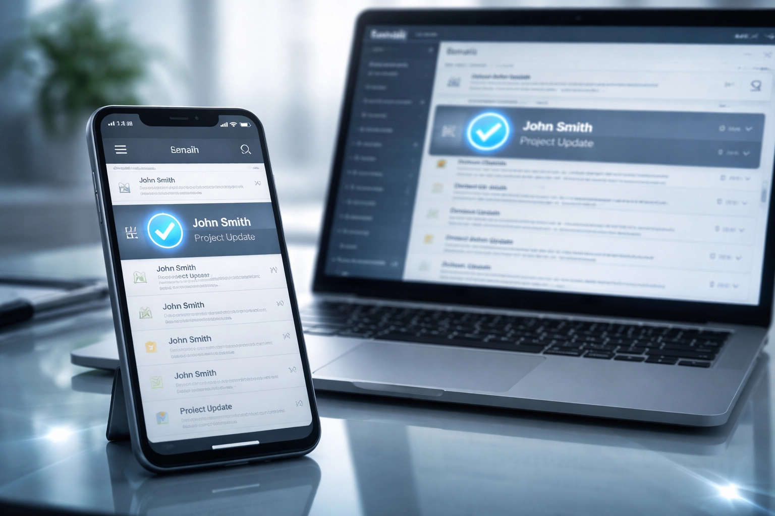 Laptop and smartphone displaying an email inbox with a verified sender checkmark, enhancing email trust and security.