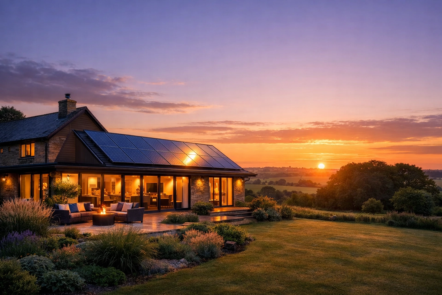 Sustainable family home in the Wiltshire countryside featuring a high-performance rooftop solar array.