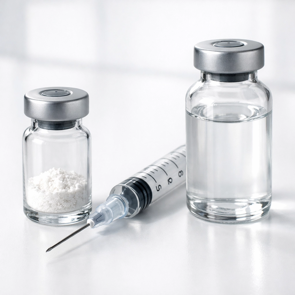 Retatrutide peptide vial and BAC water prepared for reconstitution on a sterile laboratory surface.