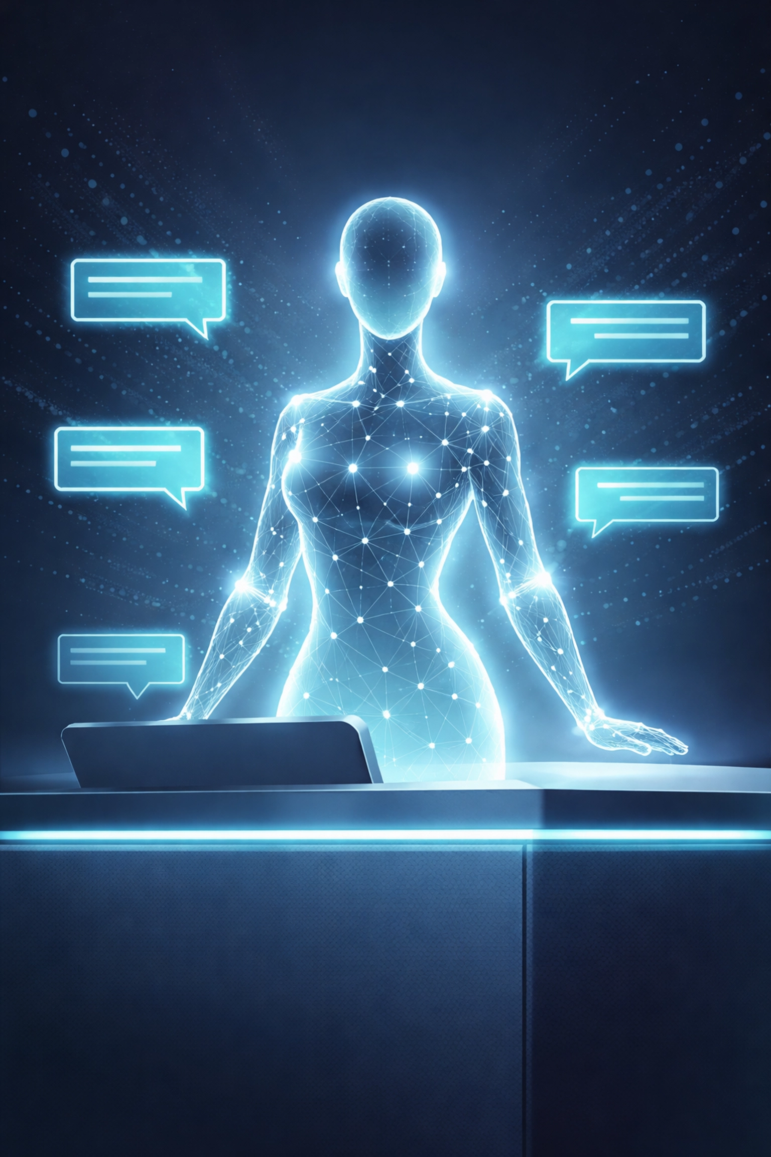 Futuristic AI assistant greeting customers at a digital reception desk, illustrating small business lead generation with AI chat in South Florida.