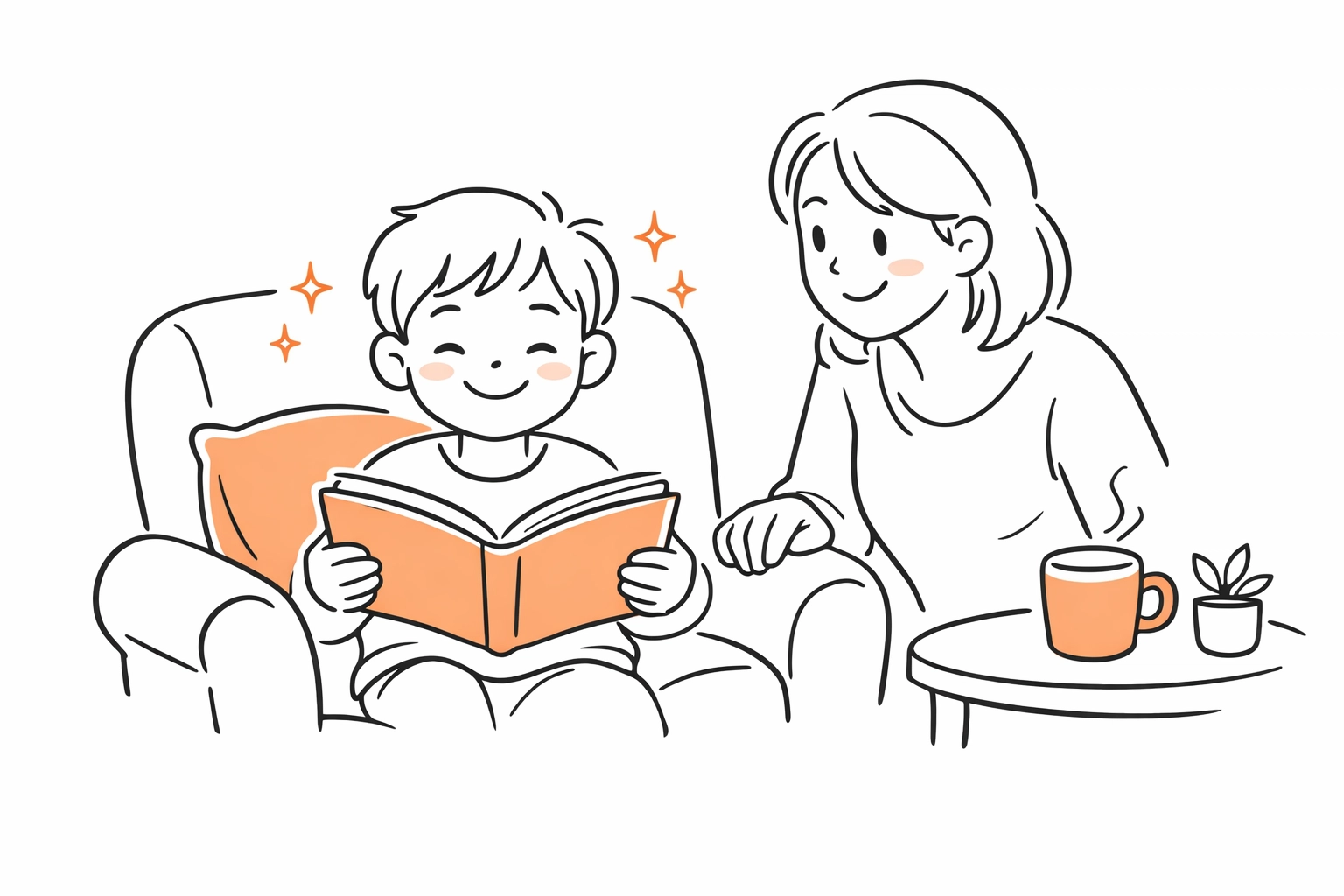 Warm, professional photo of a happy child reading a simple book with a supportive adult nearby, both relaxed and smiling in a bright living room.