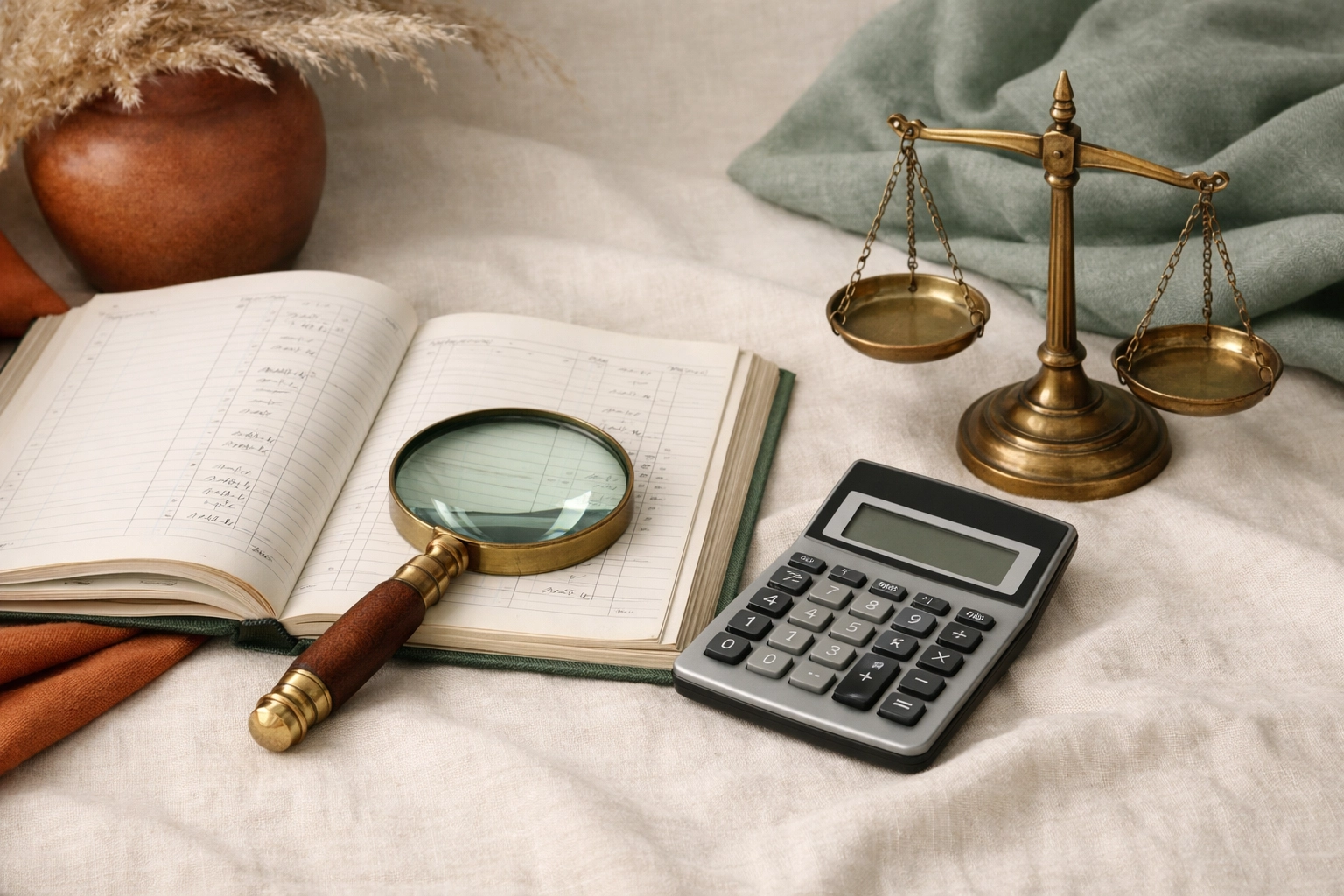 Ledger, calculator, and magnifying glass on a Business Boho desk suggesting business and pension valuation during property division divorce in Virginia.