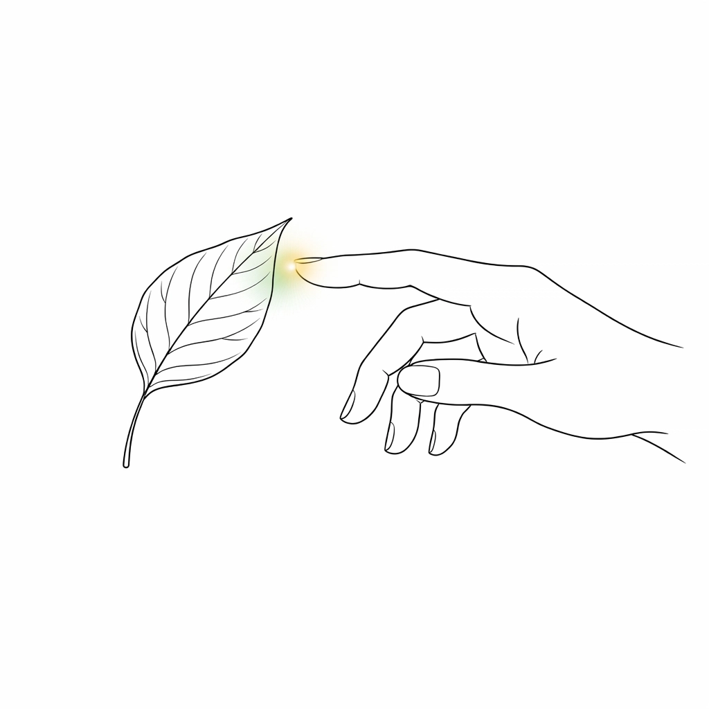 Illustration of a hand touching a leaf representing grounding techniques and somatic healing.
