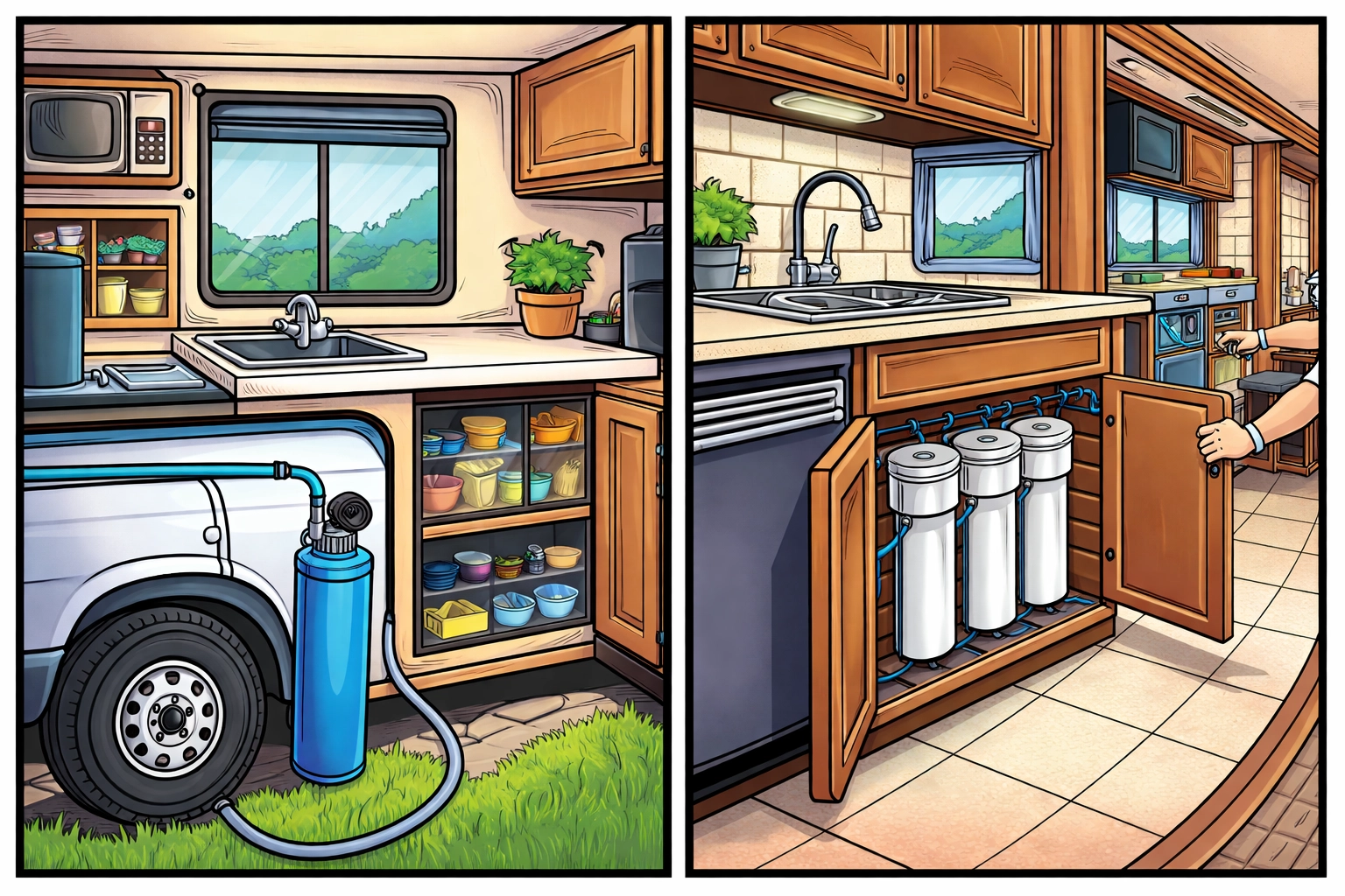 Side-by-side illustration comparing space-saving benefits of external filters in small RVs versus under-sink systems in large RVs.