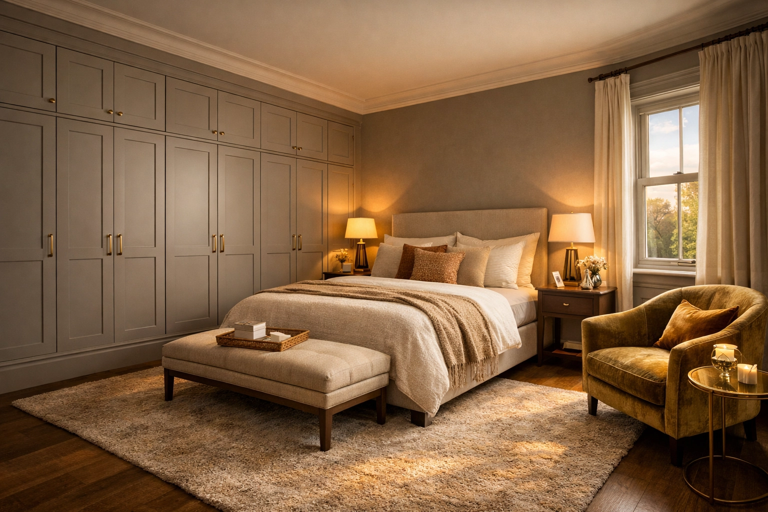 Finished bedroom renovation in West Sussex featuring elegant grey shaker-style built-in wardrobes.