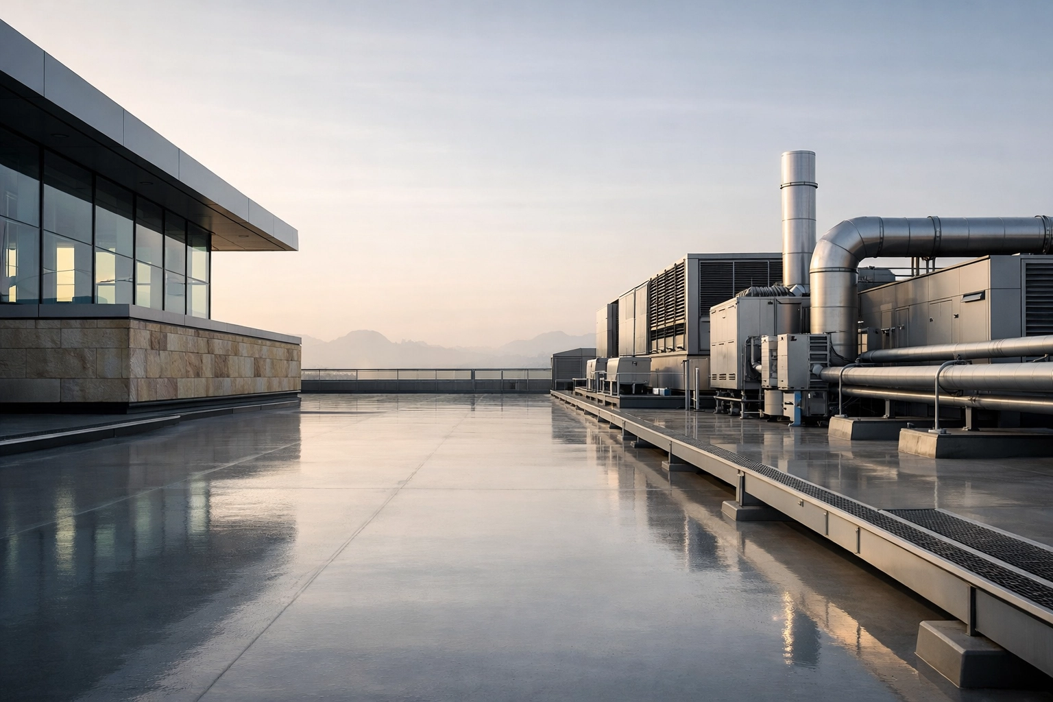 Professional inspection of a modern commercial rooftop for structural integrity and hurricane safety.