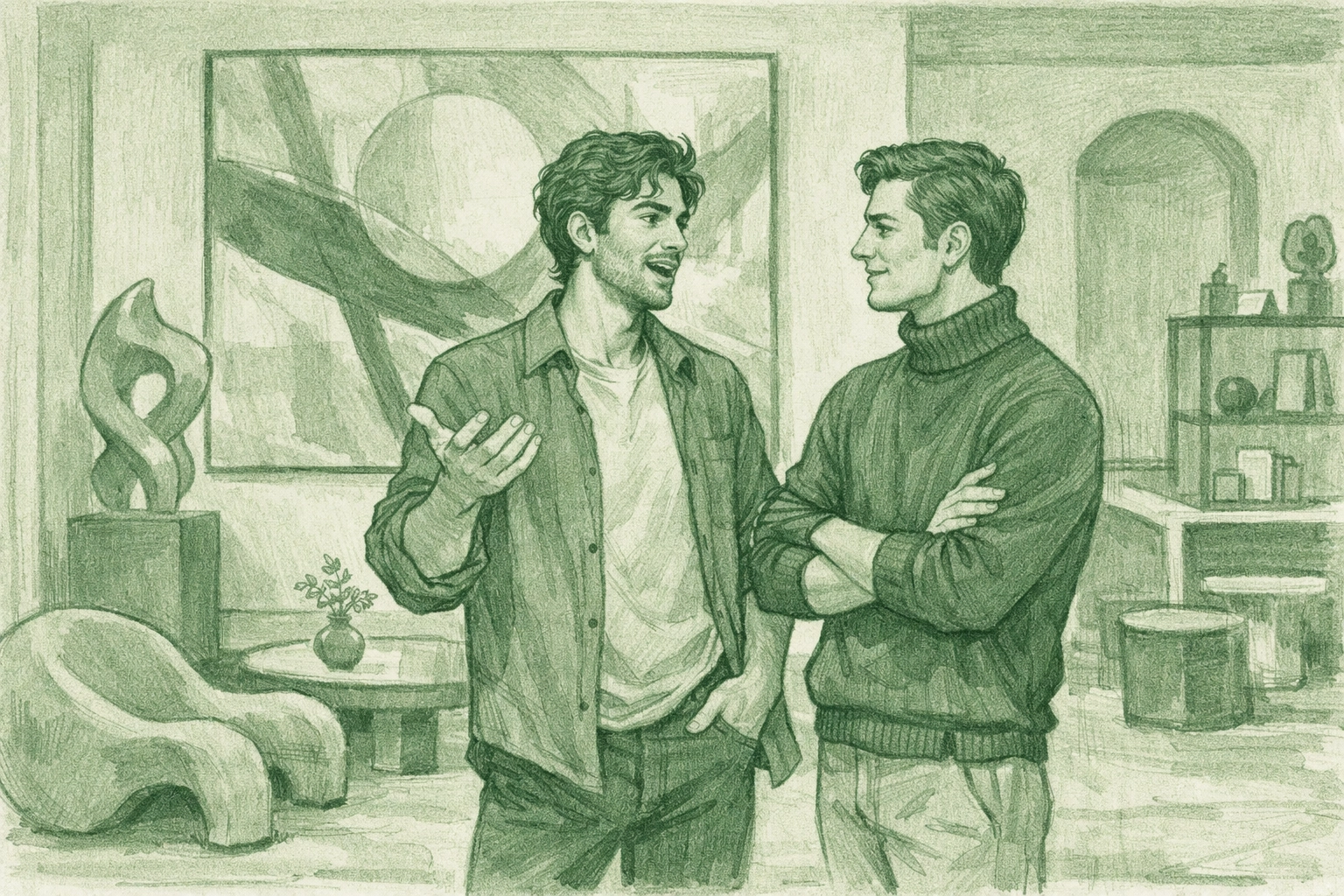 Two men discussing art in gallery, celebrating shared passion in MM relationship