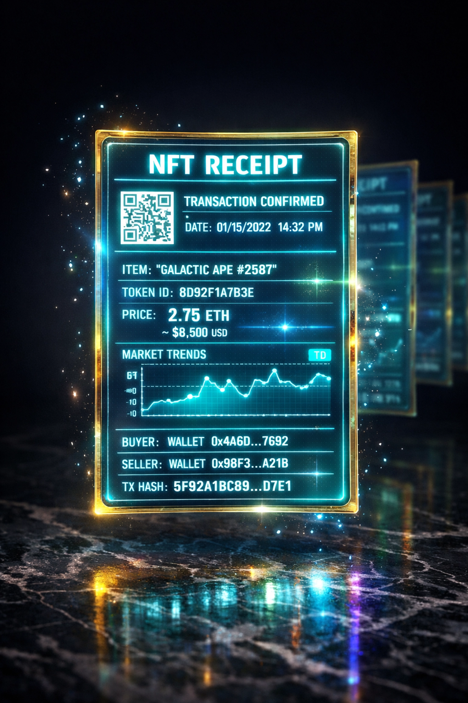 Larecoin NFT receipt displaying blockchain transaction proof and payment verification data