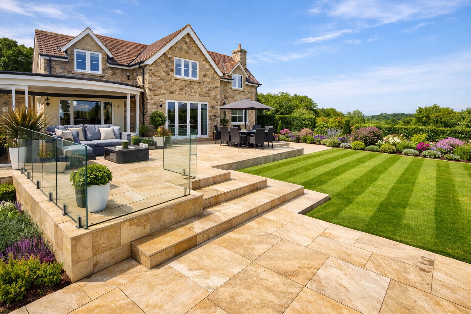 Finished multi-level porcelain patio garden transformation in the Vale of Glamorgan.