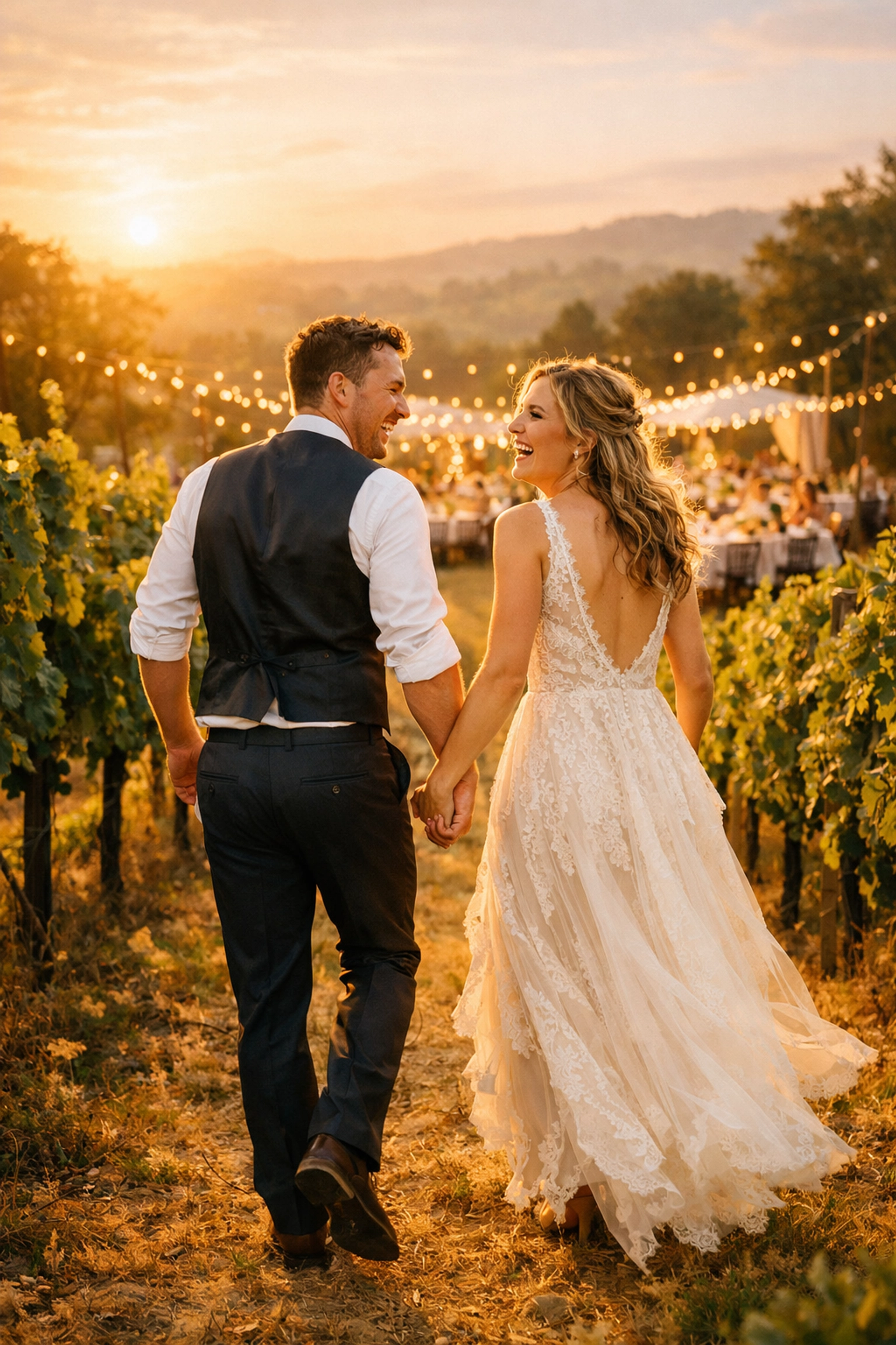 Debt-free bride and groom celebrating their wedding in a sun-drenched vineyard, avoiding the debt trap.