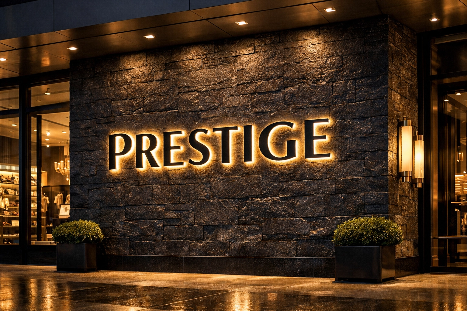 Elegant halo-lit business signage mounted on a stone wall at a luxury Dallas shopping center.