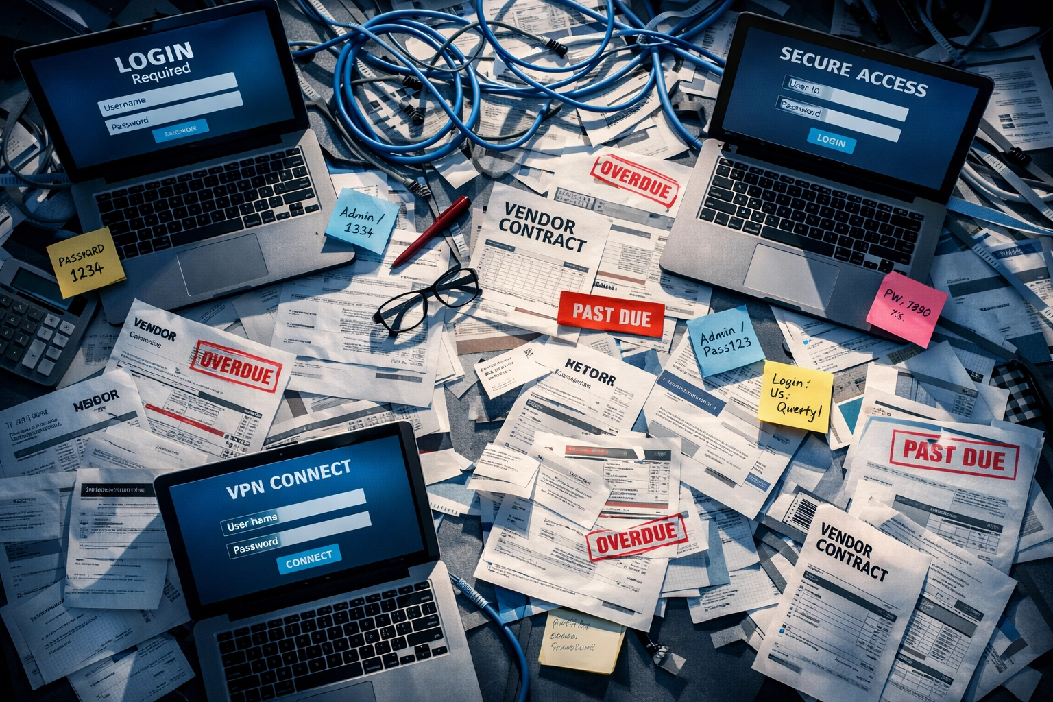 Chaotic office desk with multiple vendor invoices and tangled cables illustrating IT vendor sprawl