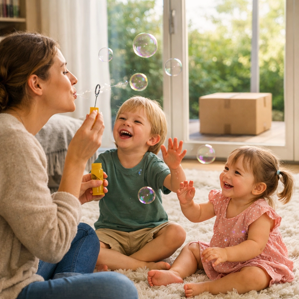 A mother playing with her kids while a wellness membership delivery box sits conveniently on the porch.