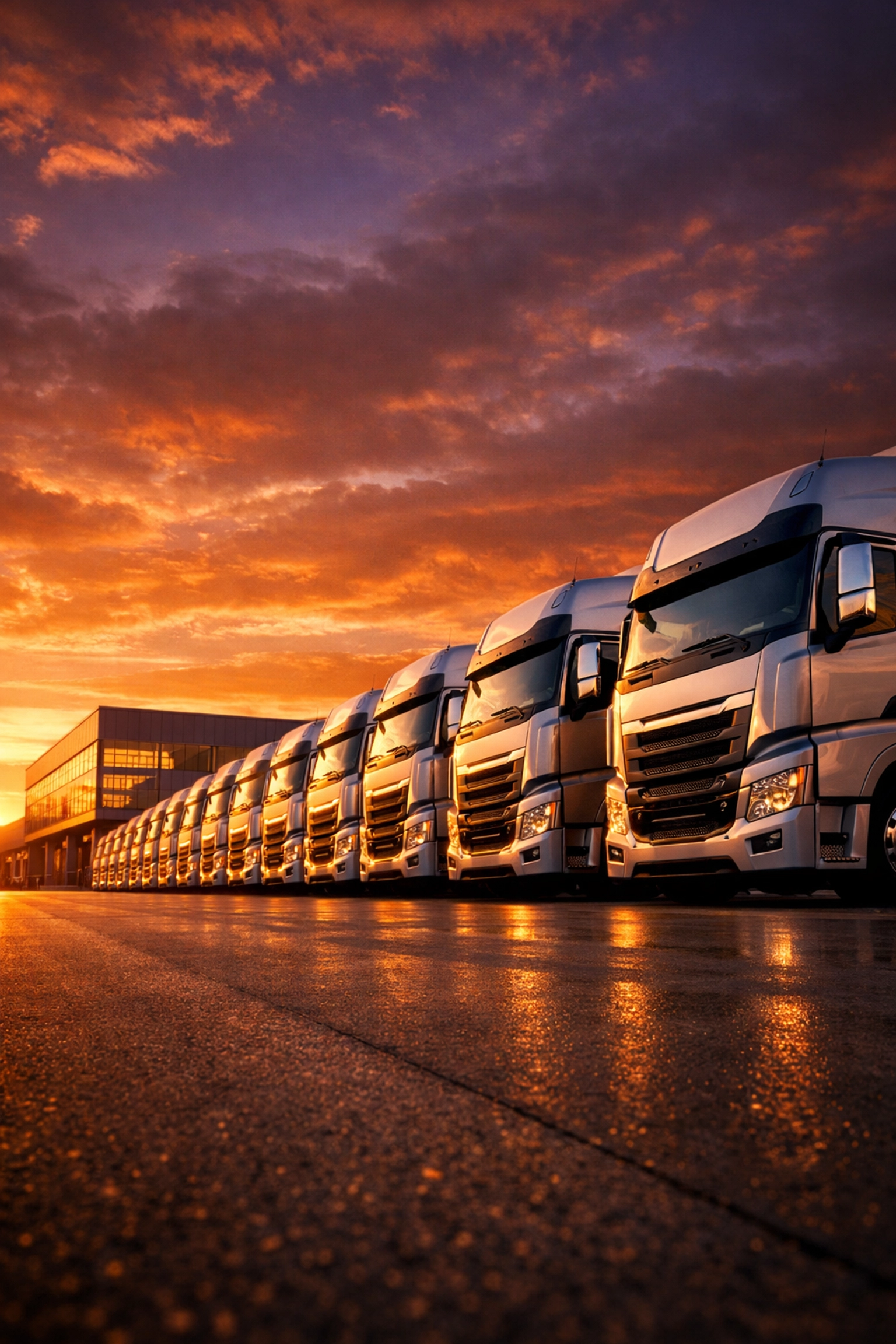 A fleet of transport trucks at a logistics hub illustrating a performance-driven 1PL and 4PL strategy.