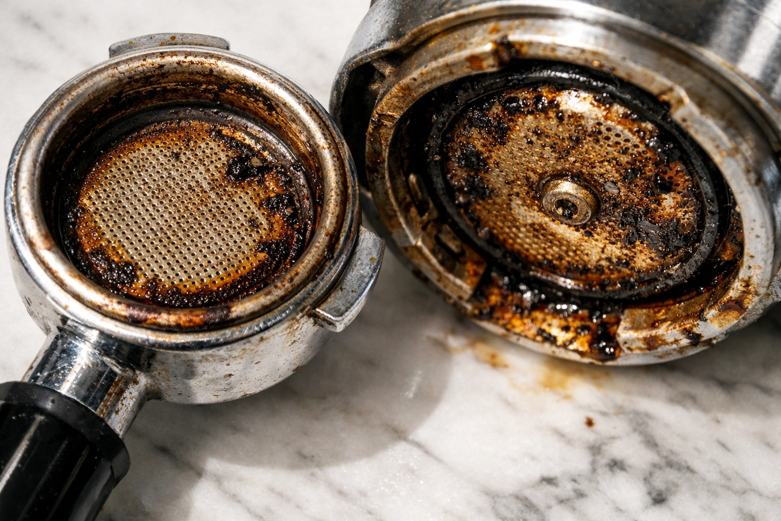 Dirty espresso machine portafilter showing coffee residue and oil buildup requiring deep cleaning