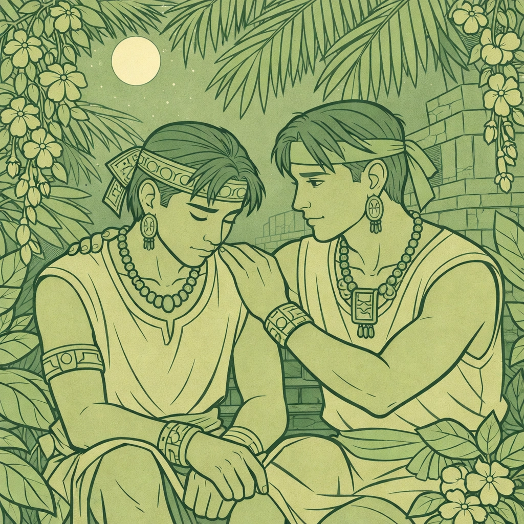Two Aztec men share forbidden moment in moonlit temple garden - MM romance