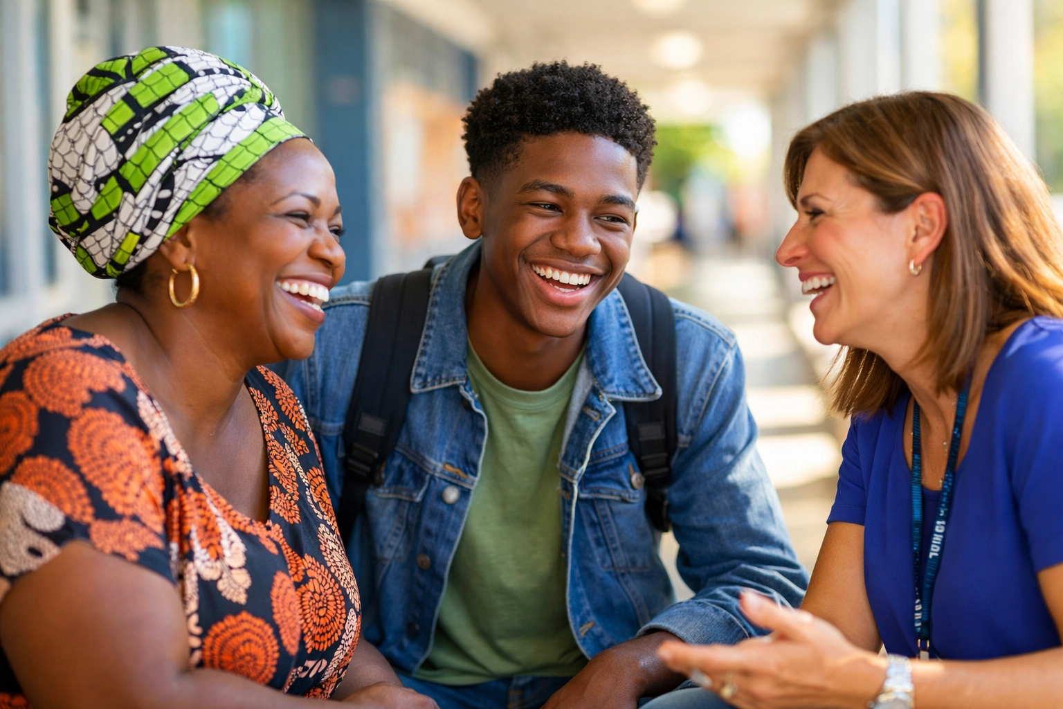 An African immigrant family meeting with a school counselor to discuss Nebraska educational services.