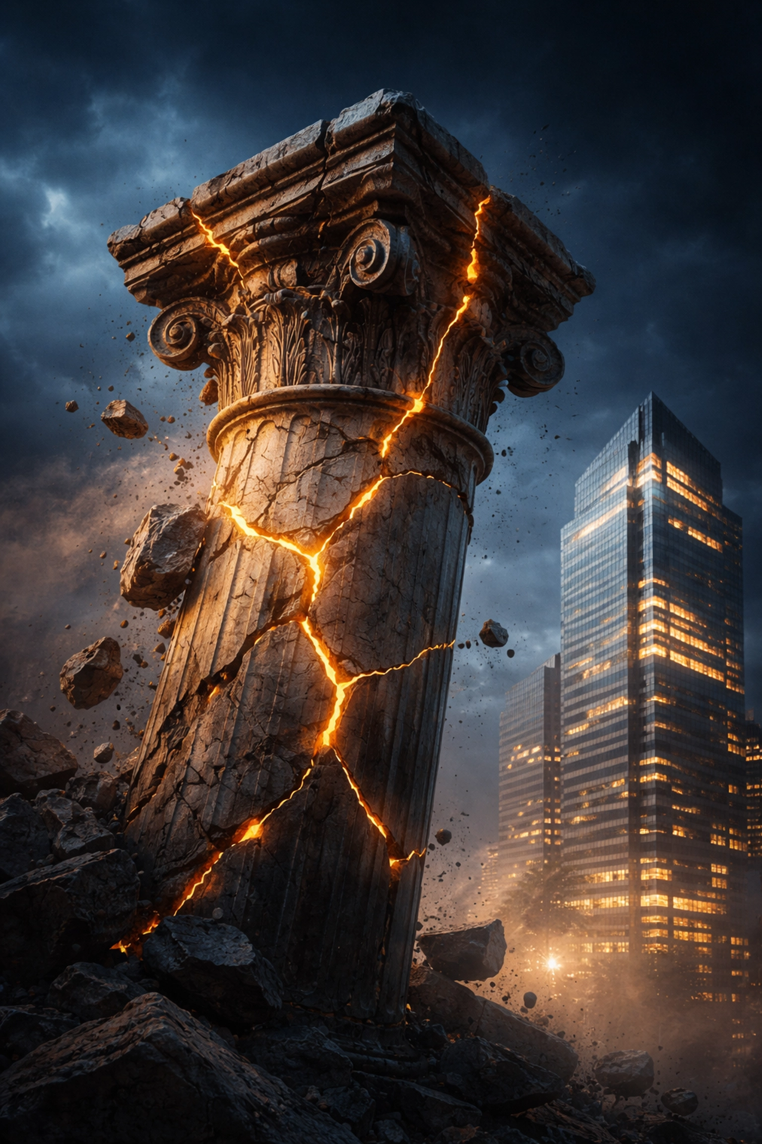 A crumbling stone pillar beside a stable glass structure symbolizes the decline of traditional finance and the rise of innovative investment strategies.