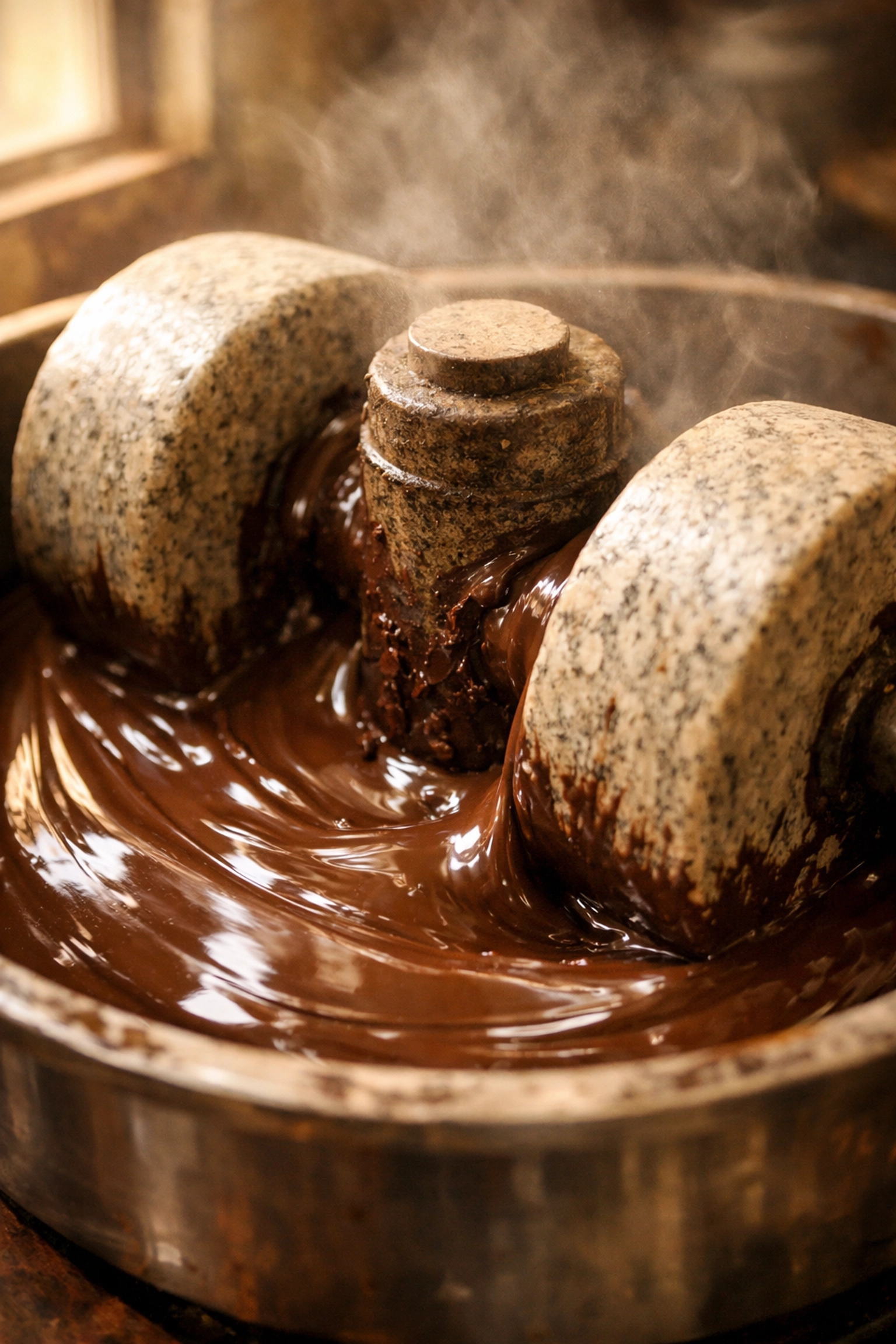 Stone melanger grinding chocolate nibs into smooth liquid chocolate for bean-to-bar production