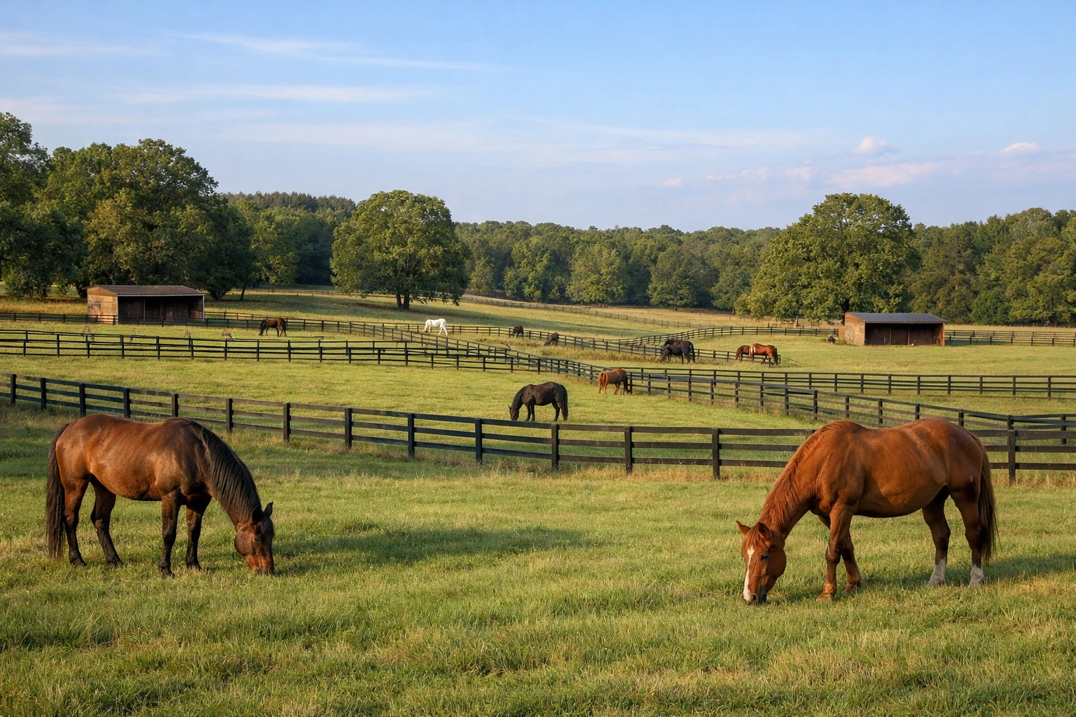 Horses grazing in fenced pastures at Waxhaw horse farm with rolling terrain
