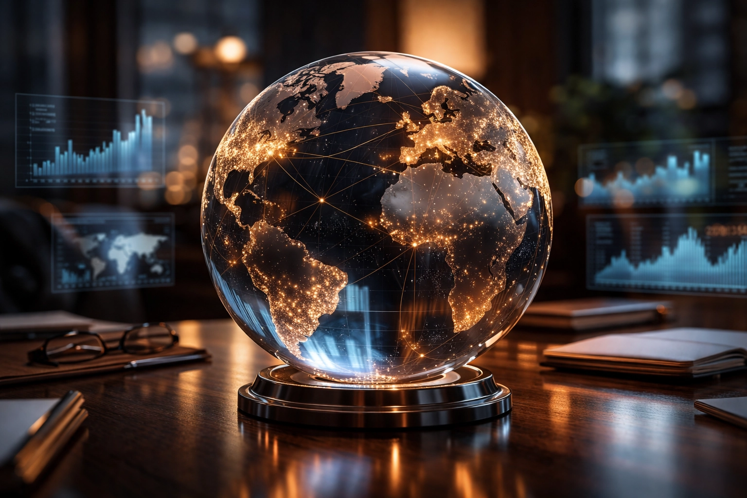 Global investment diversification visualized with a world globe and financial charts for private equity strategy