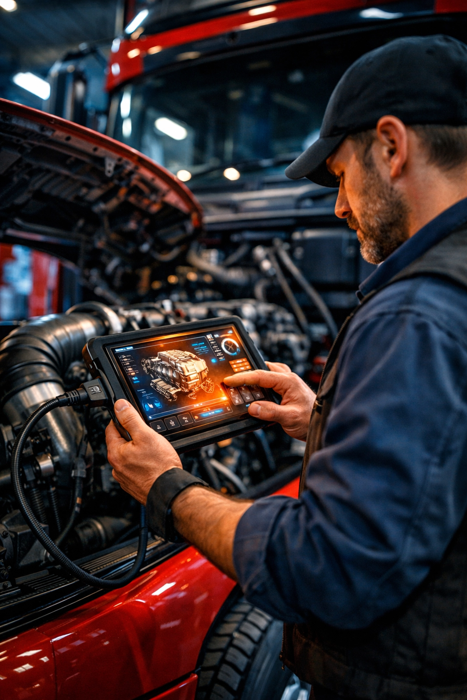 Mechanic using diagnostic tools at a truck repair shop for professional diesel repair in Picture Butte.