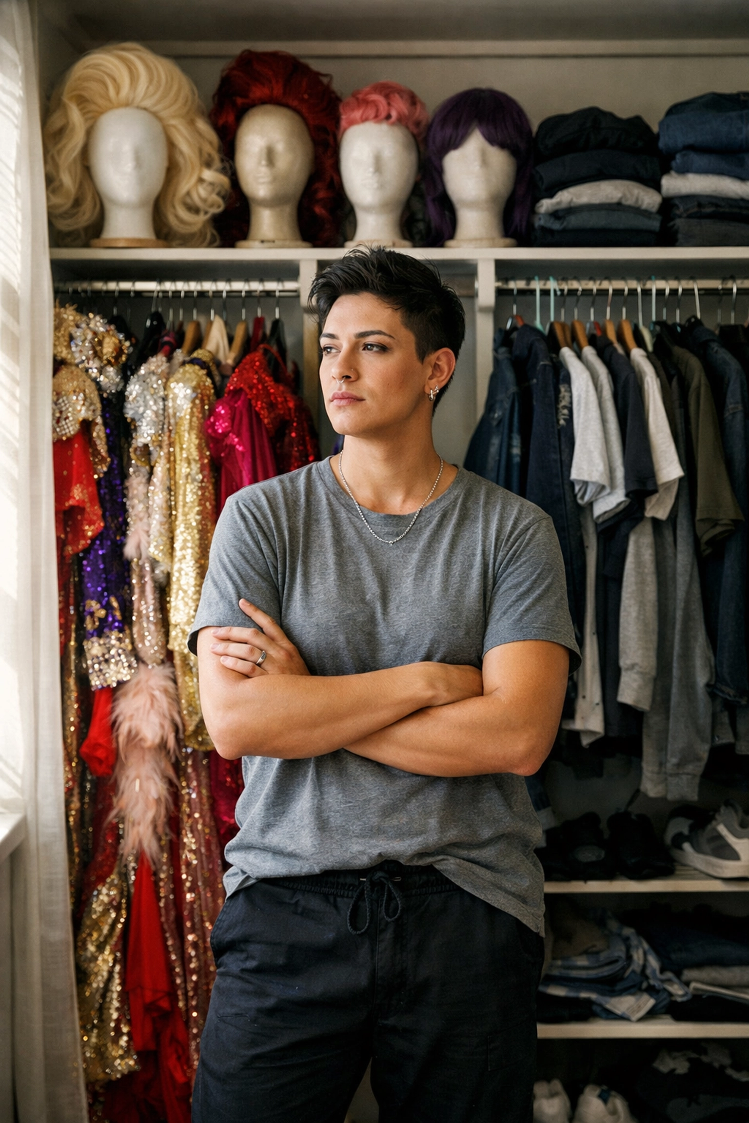 Drag performer standing between elaborate stage costumes and everyday wardrobe showing dual lives