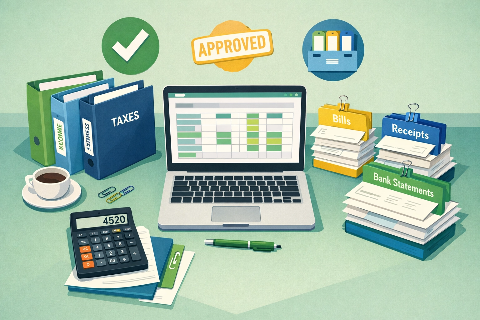 Professional tax preparer's organized workspace with categorized folders and receipts